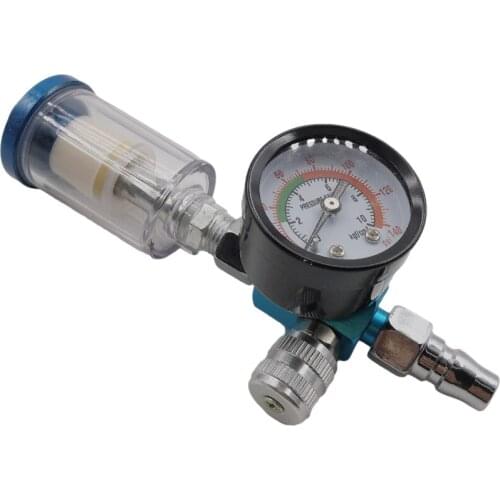 Gun air regulator valve pressure gauge and in-line trap filter tool gun regulator and mini gun air filter