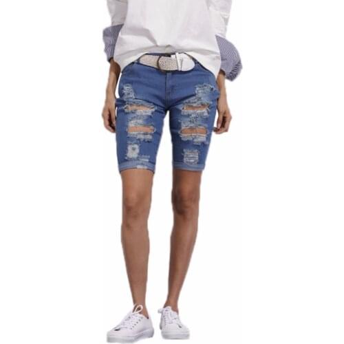 Women Casual Destroyed Ripped Denim Jeans Knee Length Half Shorts Pants Midi Denim Shorts