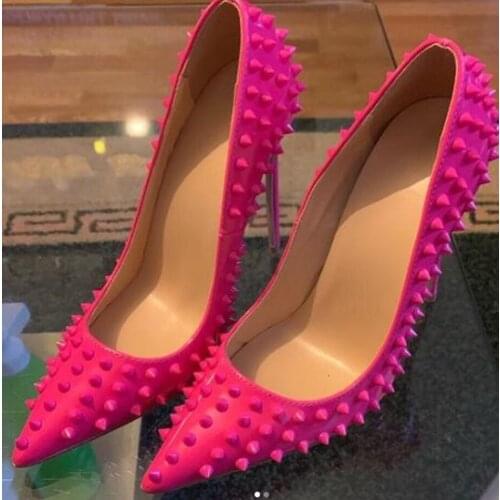 Moraima Snc Rivets Studded Woman Pumps Sexy Pointed Toe Stiletto Heels Rose Pink Leather 12/10CM Party Dress Shoe Pink