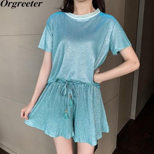 Summer Shinny Tracksuit Women O Neck Two Piece Set Short Sleeve Tshirt + Ruched Wide leg Shorts Drawstring Suits Casual Outfits