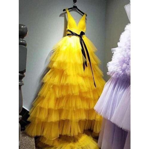 Princess Prom Gowns High Low Tiered Puff Tulle Long Evening Dress Deep V Neck Prom Party Dresses Custom Made