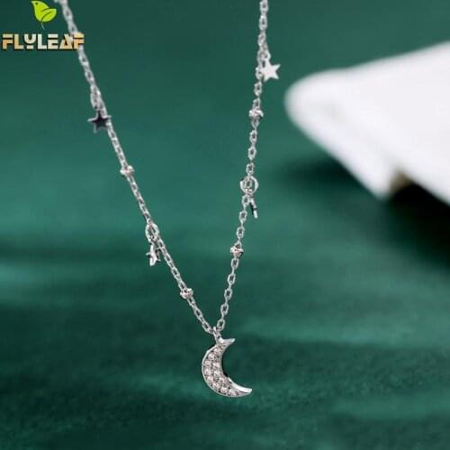 Flyleaf Star Moon Cubic Zirconia Necklaces & Pendants Real 925 Sterling Silver Necklace For Women Fashion Chain Fine Jewelry