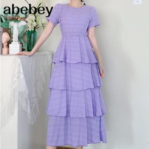 2021 New Summer Temperament All-match O-neck short sleeve Dress waist slim multi-layer Ruffles cake Dress