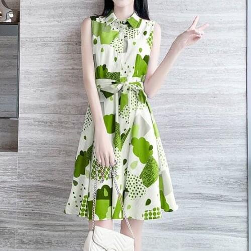 Sleeveless Chiffon floral dress womens summer 2021 new summer dress waist green dress vintage Ruffles Regular
