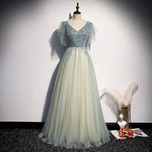 V Neck A Line Tulle Beaded Prom Dresses Long 2020 for Women Open Back Corset Back Formal Evening Ball Birthday Party Gowns VS68