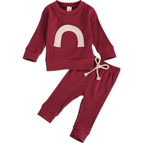 2021 Fashion Toddler Baby Girls Boys Ribbed Clothes Set Knit Pullover Lace-up Pants Long Sleeves Rainbow Top Home Sports Wear