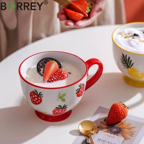 BORREY Creativity High Capacity Mug Ceramic Breakfast Dessert Milk Mug Hand Painted Strawberry Mug Cup Office Coffee Mug Teacup