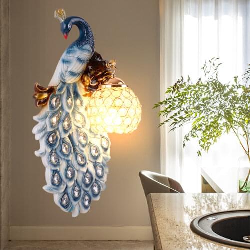 European Style Peacock Wall Lamp Bedroom Bedside Lamp Living Room Background Wall Lamp Aisle Crystal Decorative Wall Lamp