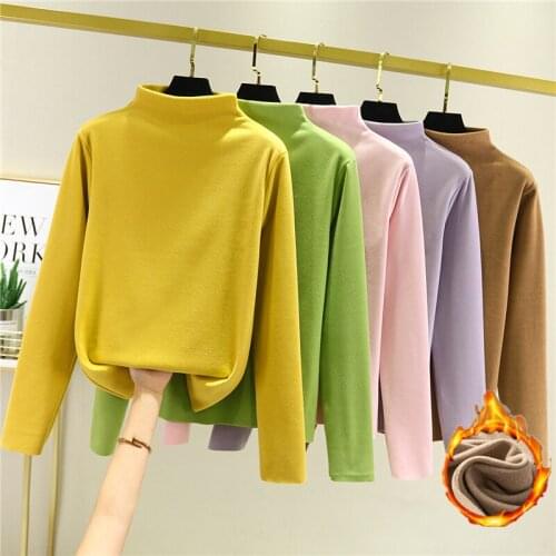 Dralon Half-Collar Long-Sleeved T Shirts Women Autumn Winter Plus Velvet Padded Inner Top Double-Sided Plush Warm Bottom T Shirt