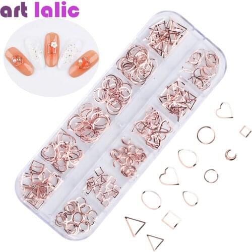 Rose Gold Alloy Nail Studs Geometry Circle Star Round Cross Starfish Shell Rose 12 Grids 3D Nail Art Rivets Hollow Decoration