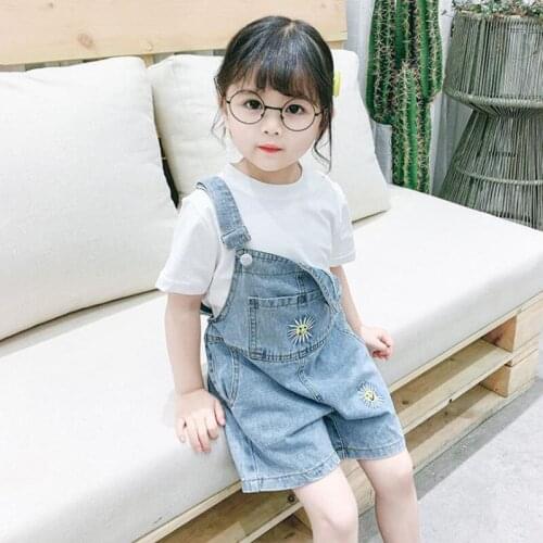 DFXD Kids Fashion Summer Girls Clothes Set Solid Short Sleeve T-shirts Small Daisies Denim Overall Pants 2pc Clothing Sets 2-7T