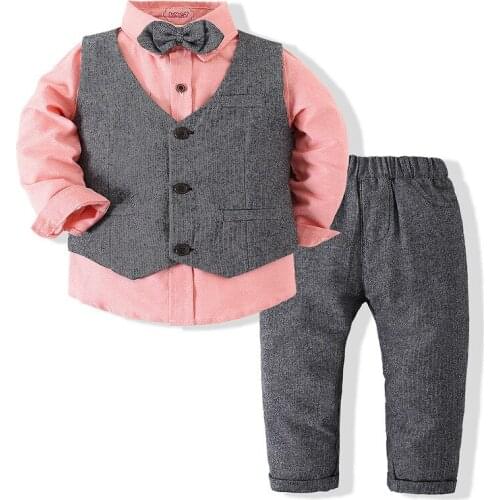 Boy Blue Red Pink Veset Clothing Set 3pcs Vest+Shirt+Pants Kids Costume Baby Boy Gentleman Wear Formal Casual Suit Size 90-140