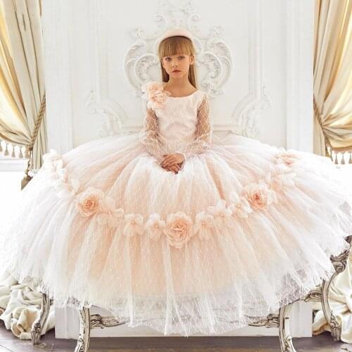 Beautiful Pale Pink Long Sleeves Princess Flower Girl Dress Pageant Girls Party Dresses Gowns First Communion Dresses
