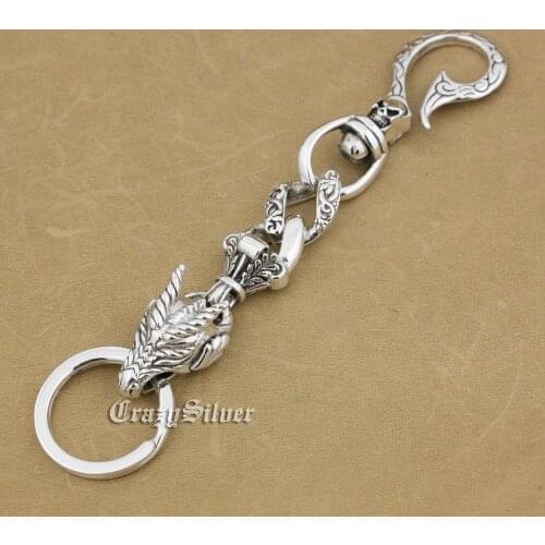Skull Hook Dragon 925 Sterling Silver Mens Biker Rocker Keychain 8F013KC Punk Accessory