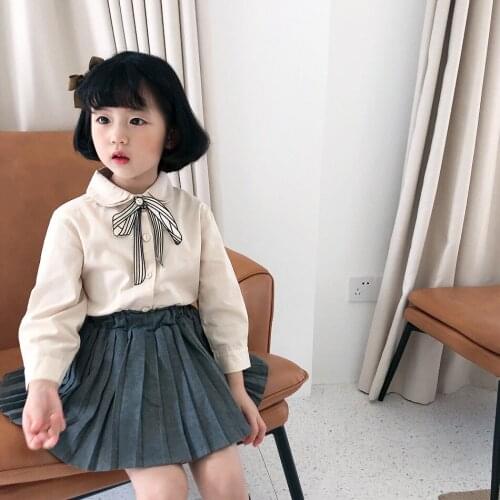Baby Girl Solid Shirt 2020 Spring Autumn Kids Long Sleeve Cute Tee Shirts Toddler Girl Bow Tie Blouse College Style Sweet Shirt