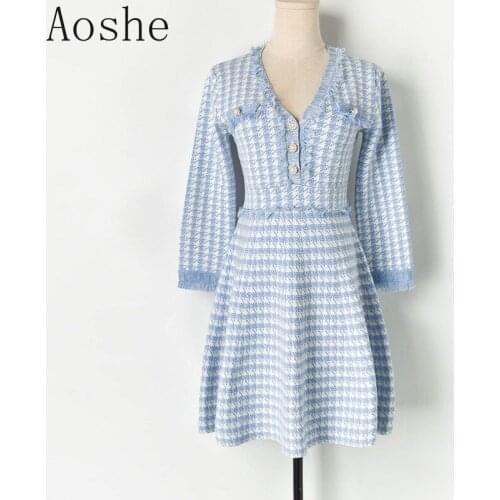 2020 Autumn Winter Thick Warm Women Sweater Dress Elegant Houndstooth Plaid V-neck Tassel Long Sleeve Knitted Thick Female Dress