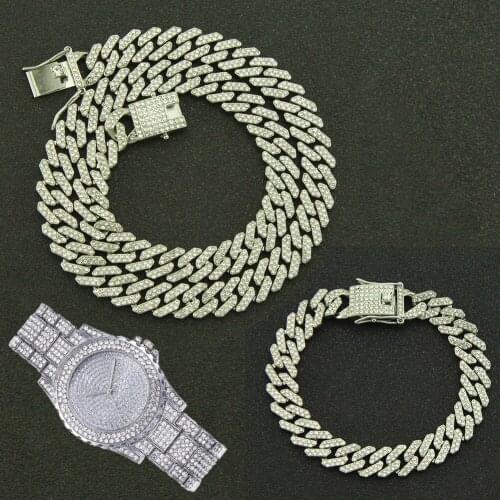 3pcs Kit Prong Necklace Baguette Bracelet Hip Hop12MM Cuban Iced Out Prong Paved CZ Necklace+Watch+Bracelet For Men Jewelry