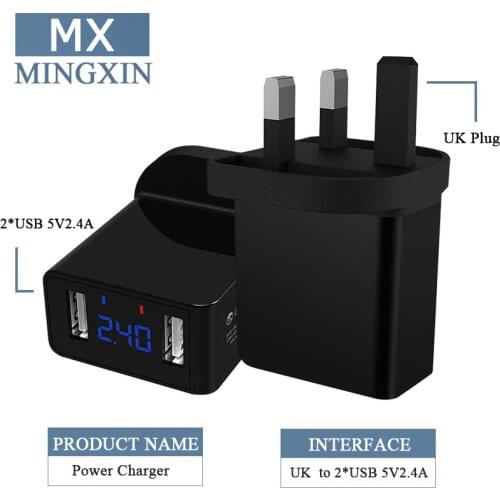 UK standard plug to dual usb interface female mobile phone charger, 2 * usb interface output 5 v 2.4a with digital display