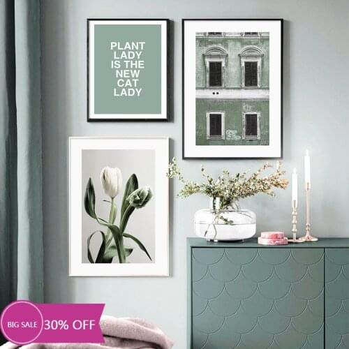 Modern White Tulip Floral Green Retro Window Minimalist Canvas Painting Wall Art Prints Poster Dining Room Home Interior Decor