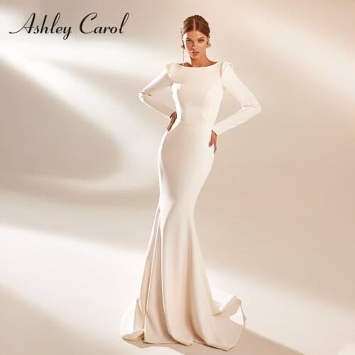 Ashley Carol Mermaid Wedding Dress 2021 Graceful Long Sleeve Muslim Bride Stretch Satin Scoop Backless Vintage Bridal Gown