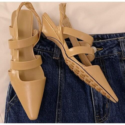 Womens genuine leather kitten heel pointed toe slip-on pumps low heel comfortable narrow band ladies slim summer sandals shoes