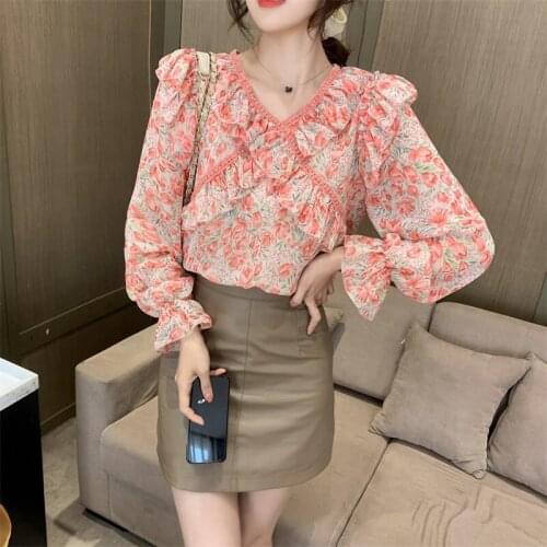 Womens Ruffled V-neck Floral Print Chiffon Blouse 2021 Autumn New Korean Fashion Office Lady Wild Shirt Top
