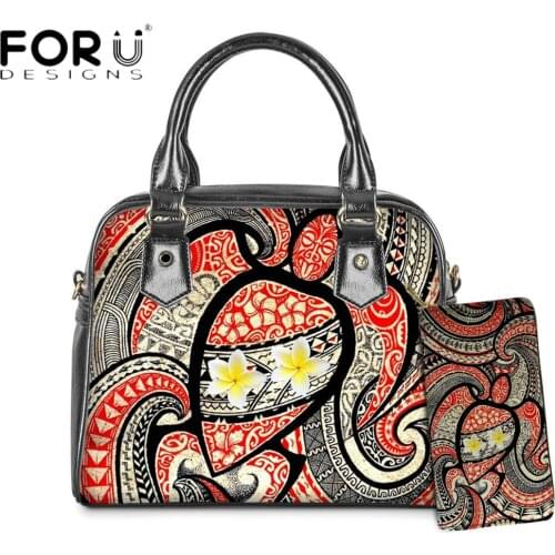 FORUDESIGNS Fashion Style Women PU Handbag And Wallets Samoa Polynesian Turtle With Plumeria Printing Ladies Casual Totes Sac