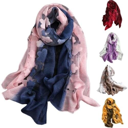 Women Stylish Gradient Color Floral Embroidery Long Neck Scarf Head Wrap Shawl long scarfs poncho scarves shawl bohemian