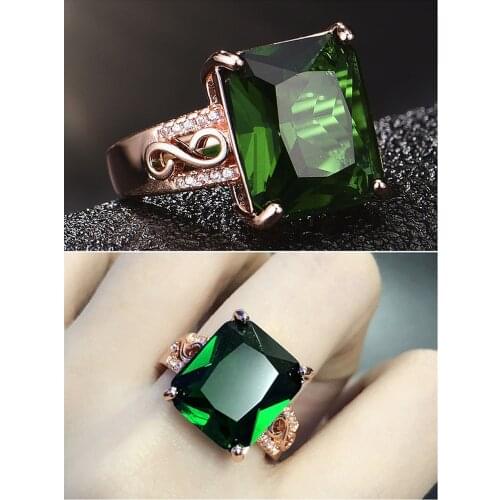 Vintage Carving Square Green Crystal Emerald Gemstones Diamonds Rings for Women Rose Gold Color Bague Fine Jewelry Party Gifts