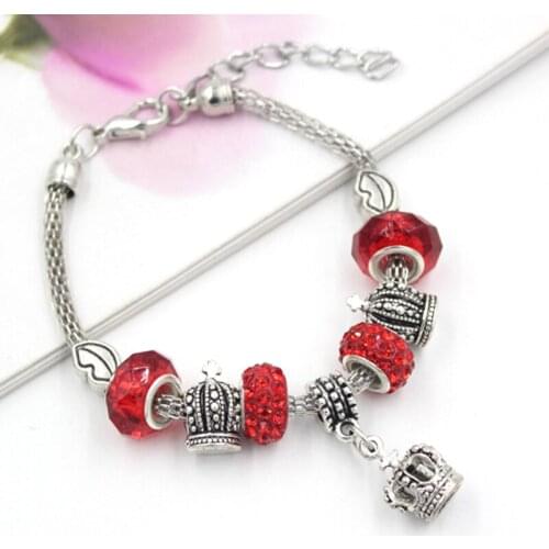 10PCS/Lot Wholesale European Bead charm bracelet Red Crystal Disco Pave Beads 3D Crown Charm Bracelet women Laides gift pulera
