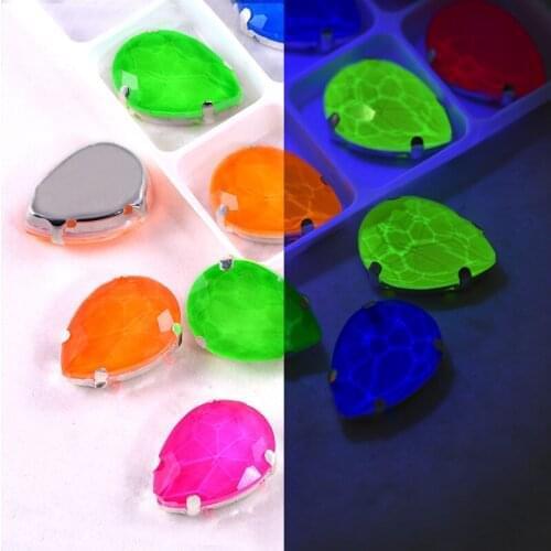 20pcs 13x18mm Glass Colorful Neon Sew On Rhinestones With Claw Shiny In Night With Ultraviolet Light for Garments B1318