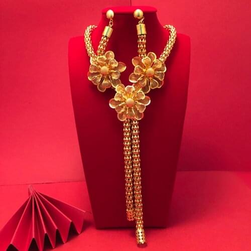 24K Dubai Gold Color Jewelry Sets For Women African India Party Wedding Necklace Pendant Earrings Jewellery Set Engagement Gifts
