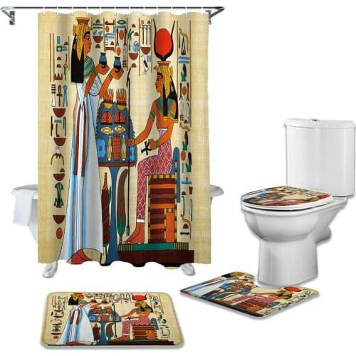 Ancient Egyptian Papyrus Shower Curtain Sets Non-Slip Rugs Toilet Lid Cover and Bath Mat Waterproof Bathroom Curtains