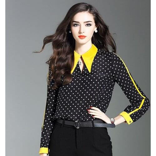 Spring Fall Fashion Woman Polka Dot Yellow Patchwork Long Sleeve Chiffon Blouse , Casual 3xl 4xl Tops and Blouses for Women