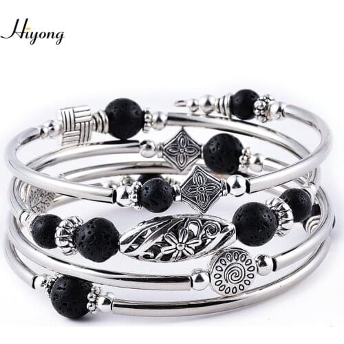 HIYONG Boho Wrap Bracelet for Women Multilayer Bracelet Natural Lava Stone Chakra Beads Essential Oil Diffuser Bangle for Girls