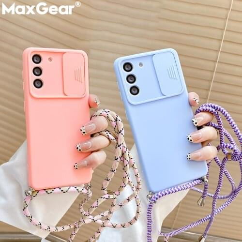 Slide Camera Lens Cover For Samsung Galaxy A52 A21S A32 A12 A51 A50 A71 A72 A S 20 Plus S21 Ultra S20 FE Hang Strap Lanyard Case