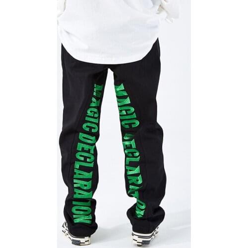 High Street Casual Jeans Men Green Letter Embrodiery Drawstring Cargo Pants Fashion Vintage Baggy Straight Trousers Streetwear