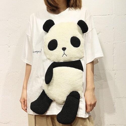 Panda furry embroidery short-sleeved T-shirt ladies Korean loose Harajuku couple parent-child clothing