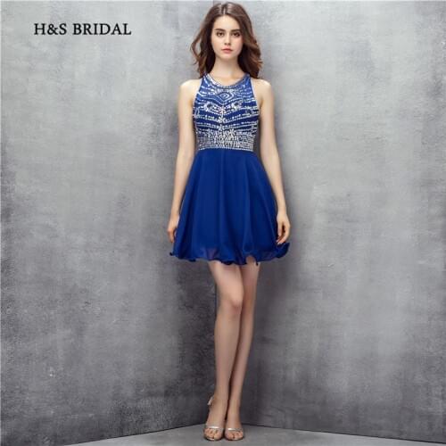 H&S Bridal Royal Blue Chiffon Short Party Prom Dresses Girls Sequins Mini Homecoming Dresses New Arrival