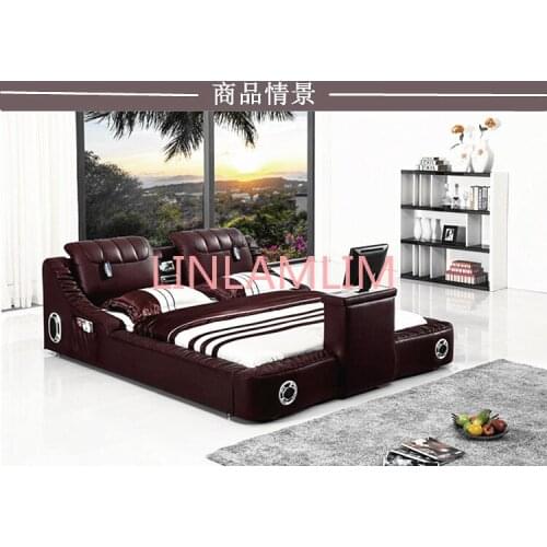 Real Genuine leather bed TV Soft Beds Bedroom camas lit muebles de dormitorio yatak mobilya quarto massage speaker bluetooth