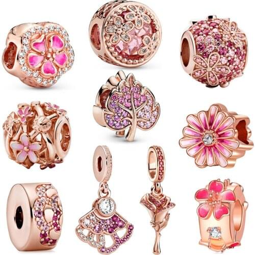 New Arrive Beautiful Rose Gold Flowers Pendant DIY Beads Suitable for Original Pandora Charm Bracelet Ladies Jewelry Making Gift