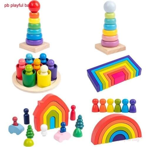 PB Playful bag DIY Rainbow Semicircle Building Blocks Rectangular Board House Montessori Educational Wooden Toys for kids UG21