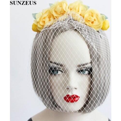Yellow Flora Headband Bridal Hats with Face Veil Wedding Hats and Fascinators Party Hair Decoration sombreros para boda S34
