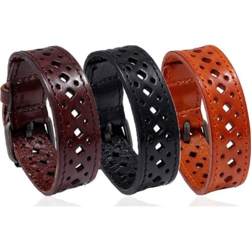 Wide Wrap Bangle Hollow Genuine Leather Punk Men Bracelet Jewelry Watch Strap Vinatge Bangle Jewelry Pulsera Hombre