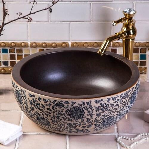 Blue white Ceramic Counter Top ceramic Wash Basin Bathroom Sinks