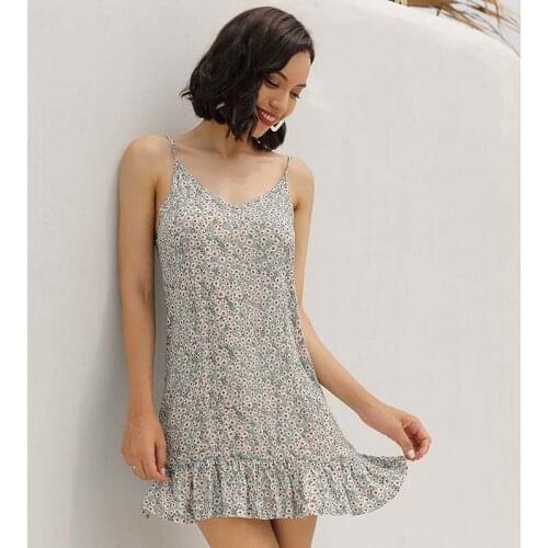 Sling Floral Print V Neck Sleeveless Ruffle Dress Women Summer Casual Loose Waist Boho Beach Party Backless Sexy Dresses