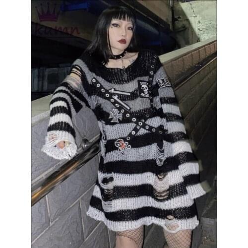 Punk Rock Gothic Skull Metal Chain Gradient Striped Loose Knitted Sweater Women Girls Chic Streetwear