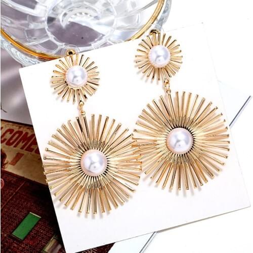 Boho Long Dangle Earrings Women Accessories Vintage Sun Flower Simulated Pearl Earings Statement Jewelry Party Pendientes Mujer