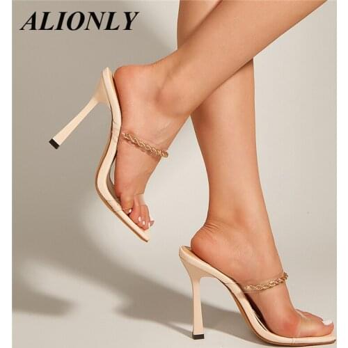 ALIONLY Design Clear PVC Transparent Chain High Heel Slippers for Women 2021 Summer Fashion Slip On Square Toe Slides Mules Pump