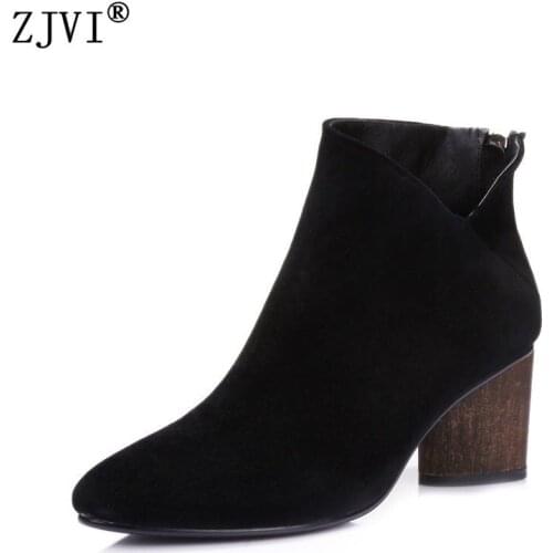 ZJVI Women Suede Leather Ankle Boots Woman 2020 Autumn Thick High Heels Boots Ladies Female Nubuck Black Pointed Toe Shoes Zip